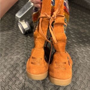 TOMS Orange Suede Ankle Booties with Multicolor Knit Accents